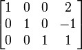 \begin{bmatrix}<br />
1 & 0 & 0 & 2\\<br />
0 & 1 & 0 & -1\\<br />
0 & 0 & 1 & 1\\<br />
\end{bmatrix}” /> Baris ke 1 dikurangi 2 kali baris ke 2 (Matriks menjadi <em>Eselon-baris tereduksi</em>)</p>
<p style=