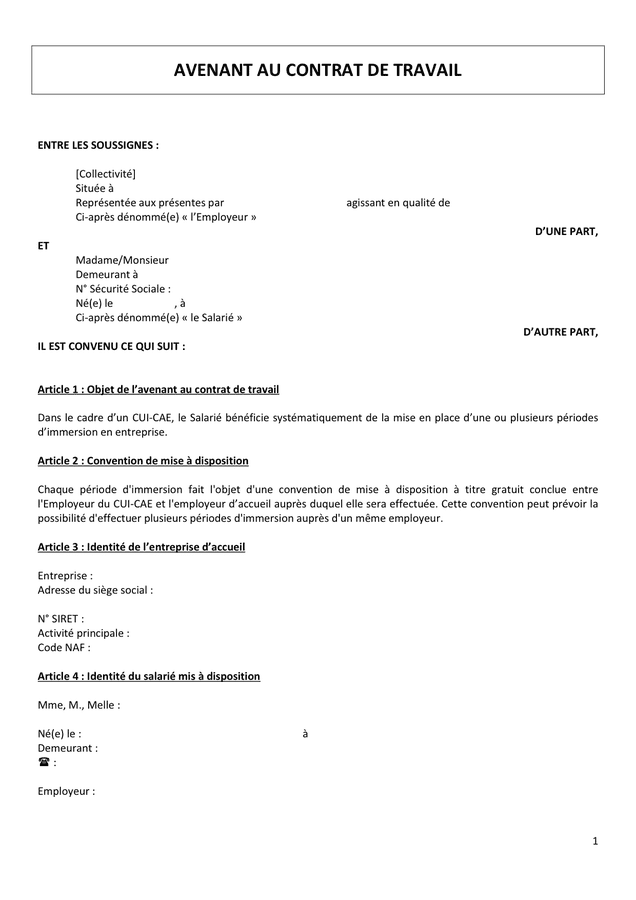 Avenant au contrat de travail DOC PDF page 1 sur 4 Avenant au contrat de travail DOC PDF page 1 sur 4
