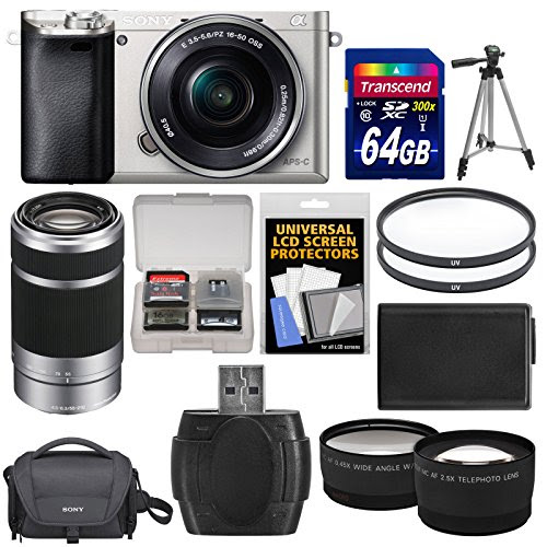 Sony Alpha A6000 Wi-Fi Digital Camera & 16-50mm Lens (Silver) with 55-210mm Lens + 64GB Card + Case + Battery...