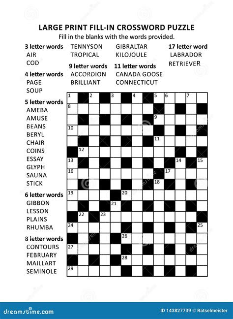  large print puzzle page with fill in crossword puzzle stock vector