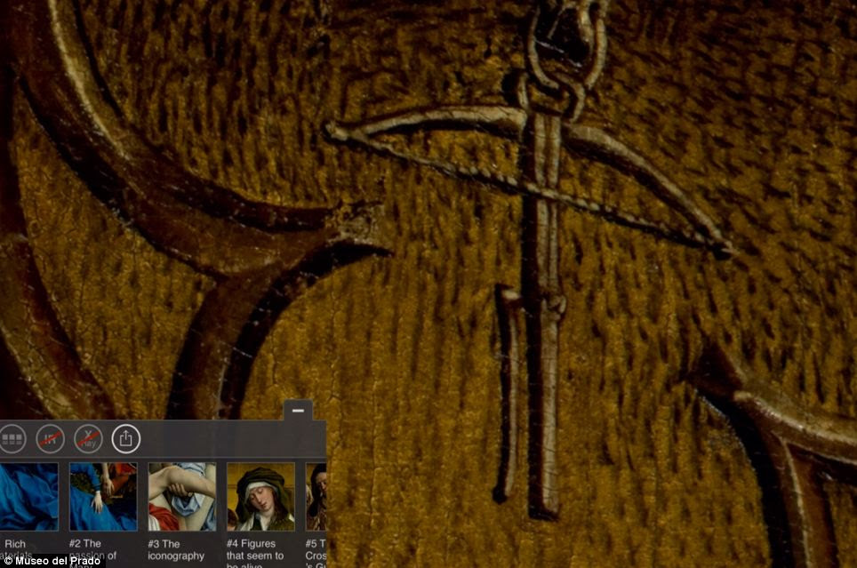 In the Descent from the Cross piece, painted for the chapel of the crossbowmen's guild in Leuven, Belgium, zooming in to the highest level reveals tiny crossbows in the very top left and right corners. People have often thought that the shape of Christ¿s body in the painting is positioned like a crossbow too, revealing intriguing hidden symbolism