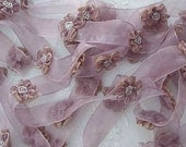 Vintage Shabby Chic Dusty Rose Pink organza ribbon trim embellished w glass beaded flowers
