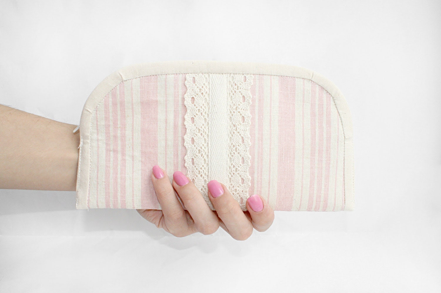 Pleated striped clutch pale pink zipper pouch cosmetic bag - FriendlyHandmade
