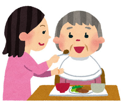 無料素材 食事介助をする老人ホームのヘルパーさんのイラスト