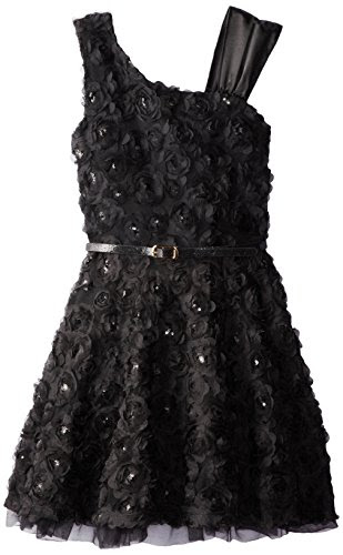 Beautees Big Girls' Asymmetrical Shoulder Dress, Black/White, 10