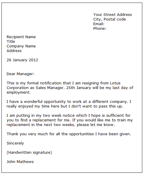 Formal Letter Sample - Sample Letter of Resignation