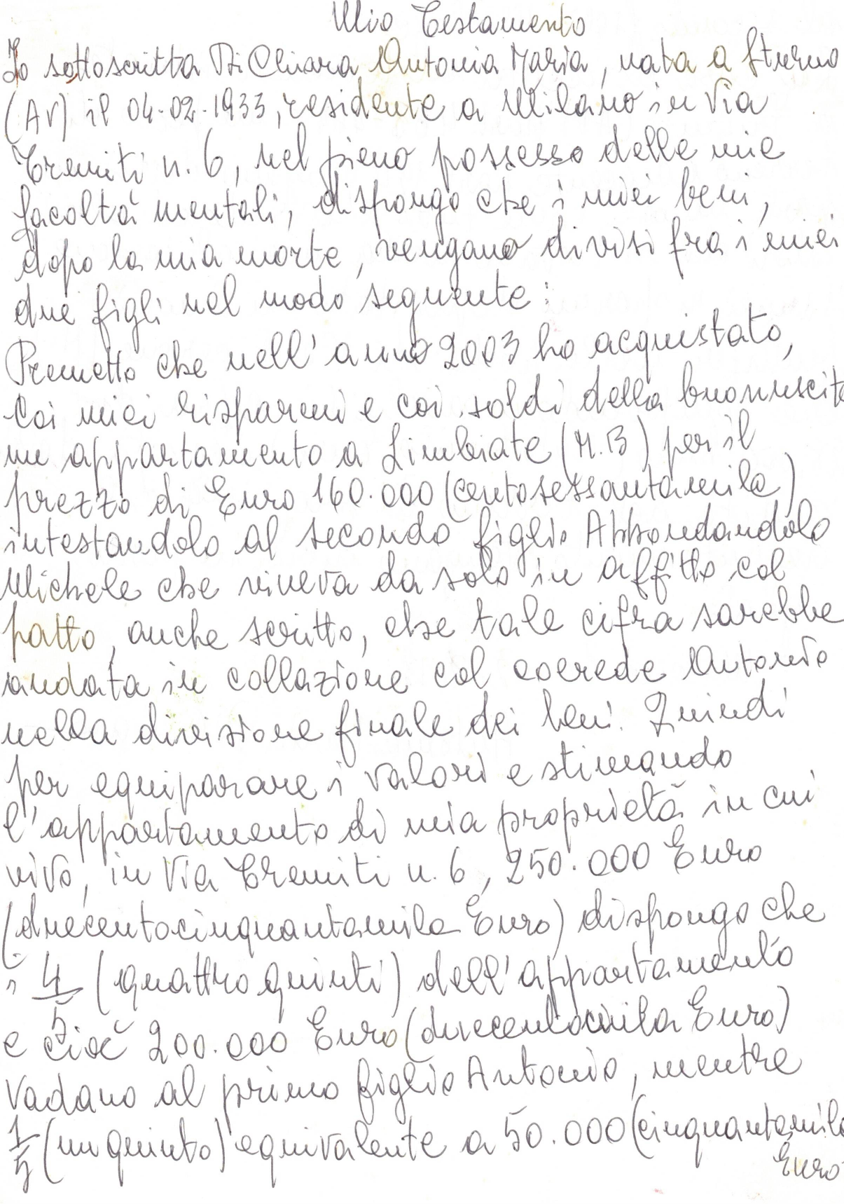 Publication du testament d’Antonia Maria di Chiara Veuve Abbondandolo envers ses 2 fils Antonio Abbondandolo 1957 et Michele Abbondandolo 1962 en 300 domaines Internet.