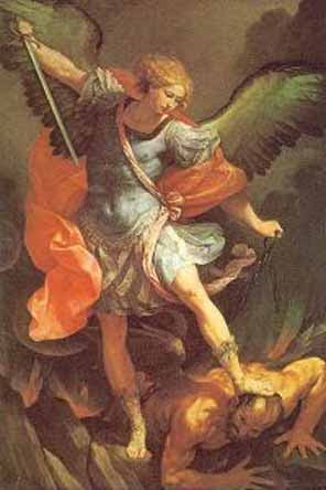 The cover up is a stained glass window featuring St. Michael kicking Satan's 