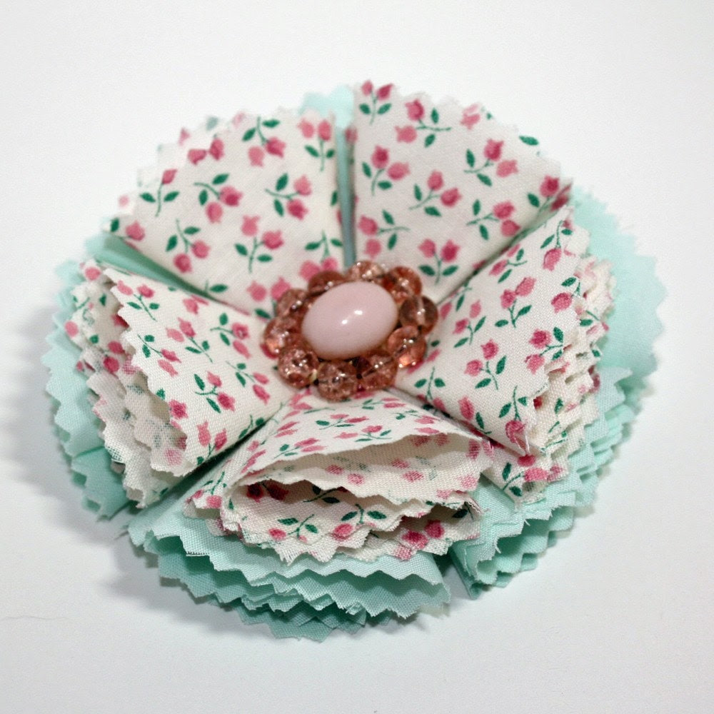 Pink floral and mint green handmade fabric flower brooch