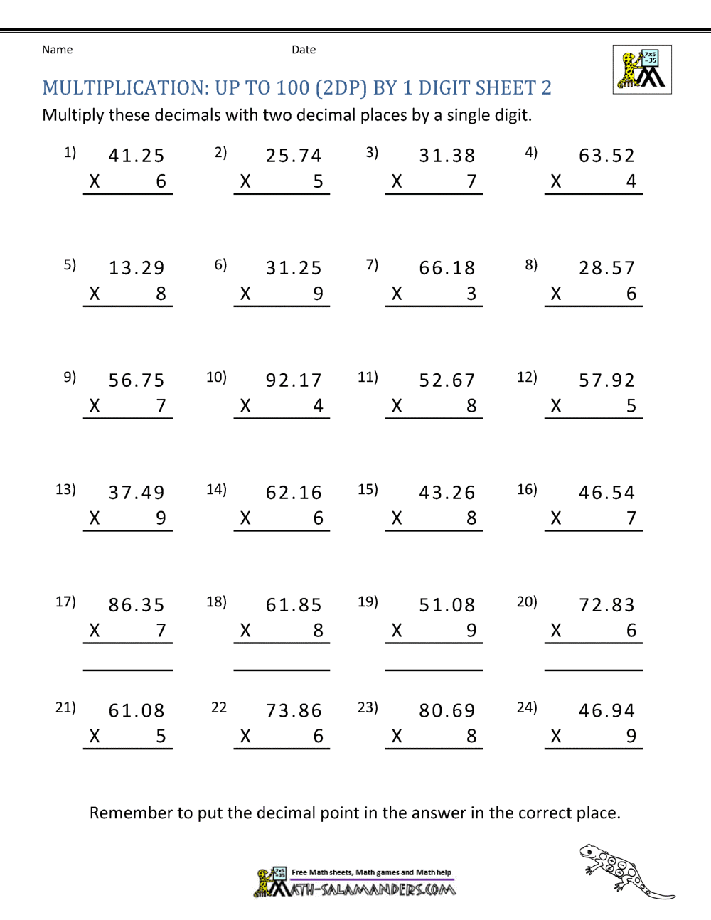 Printable Multiplication Sheet 5th Grade