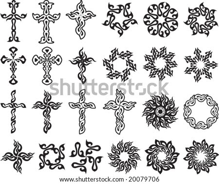 stock vector : Vector Tribal tattoo set Cross, Sun, Flame Designs
