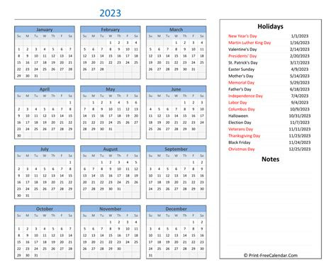  printable 2023 calendar with holidays and notes