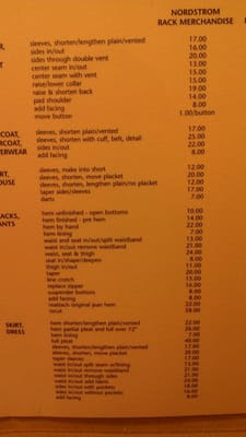 Alteration prices for Nordstrom rack merchandise