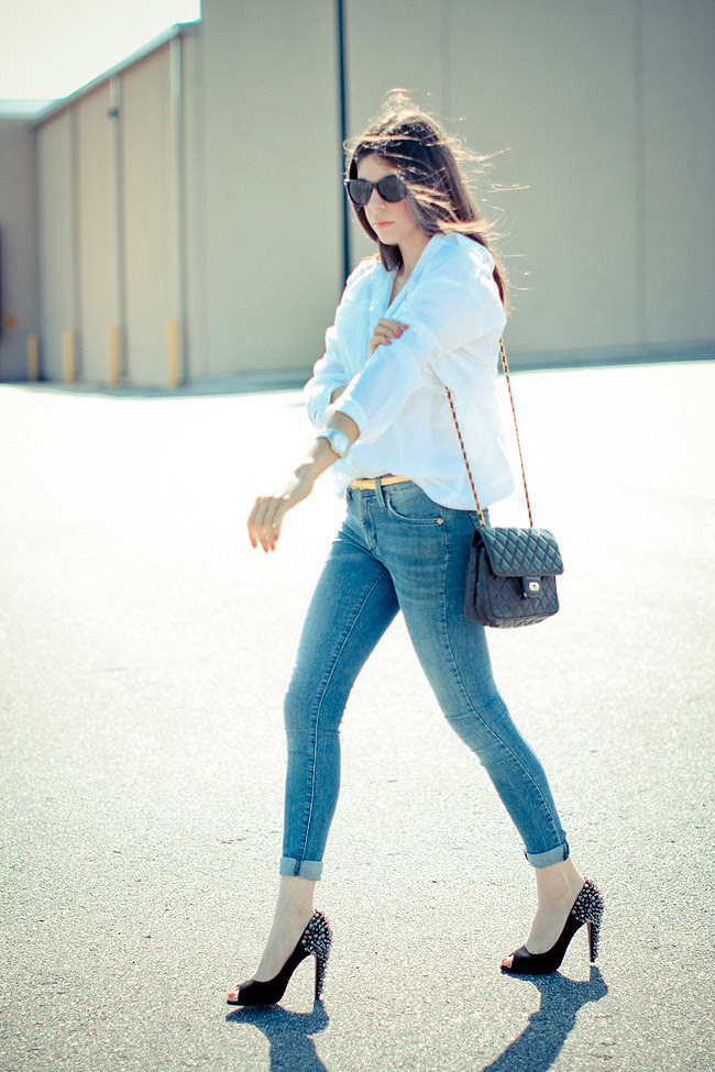 Sam Edelman Spiked Heels, Asos White Button Up, Skinny Jeans, Chanel bag