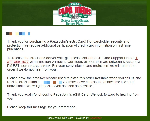 FYI] Papa John's eGift Card's require phone verification. : r ...