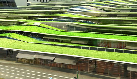 green roof, natural daylight, france, off architecture, high school, green roofed school