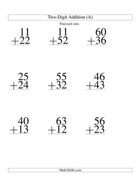 Webtwo digit addition exercises in vertical format. two digit addition no regrouping lp