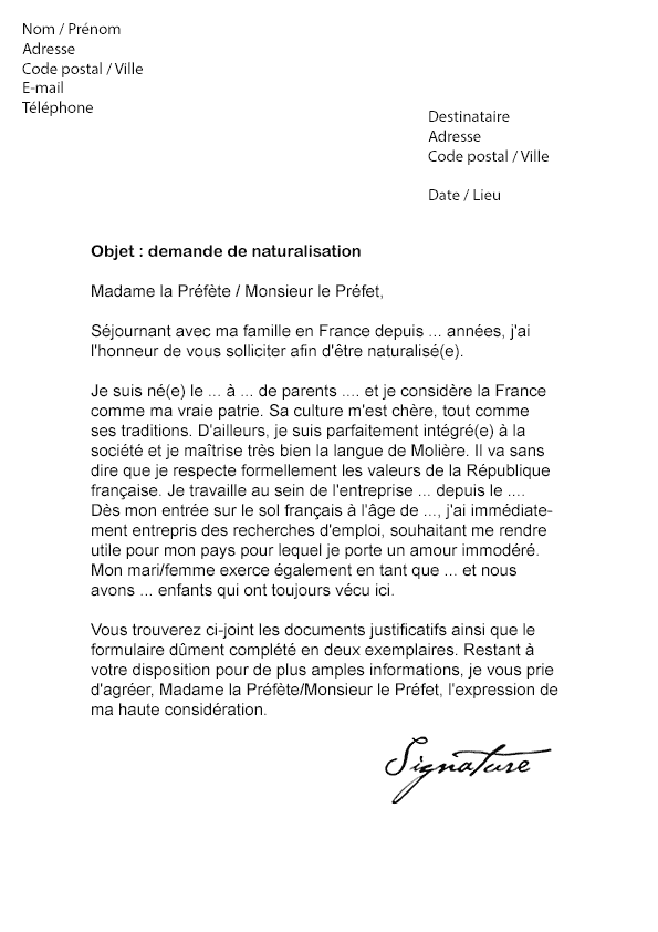 Lettre de demande de Naturalisation - Modèle de Lettre
