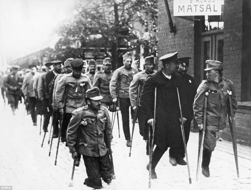 Walking wounded: This picture shows troops involved in an exchange of German and Austrian prisoners of war in Sweden 