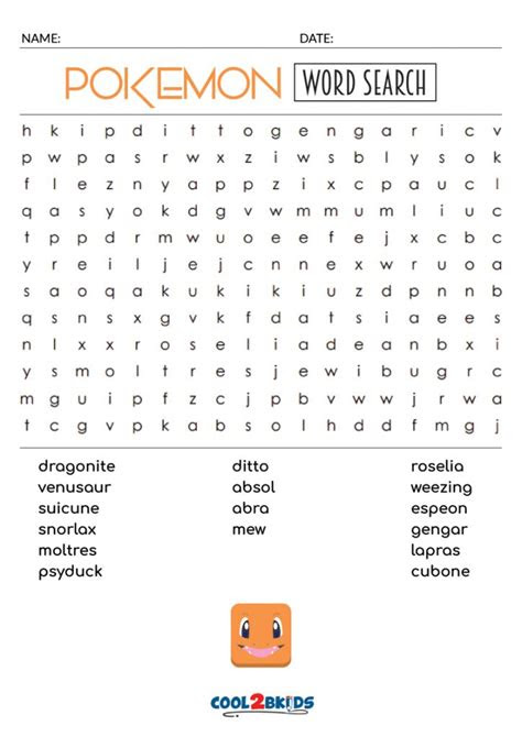 The word search puzzle is printable and the puzzle changes each time you visit. printable pokemon word search cool2bkids