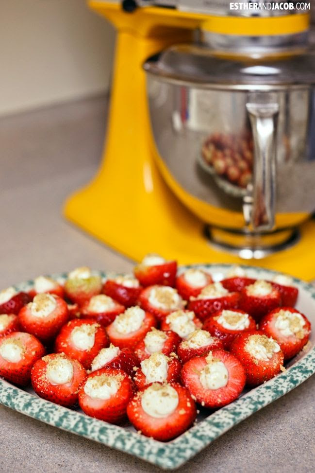 Cheesecake Filled Strawberries! Only 5 ingredients. Really easy, great party finger food that are crowd pleasers. Made it last week & will probably make it for all future parties.