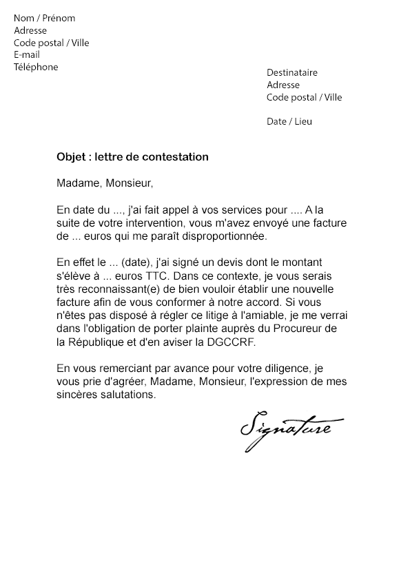 Lettre de contestation Facture (Mise en demeure) - Modèle 