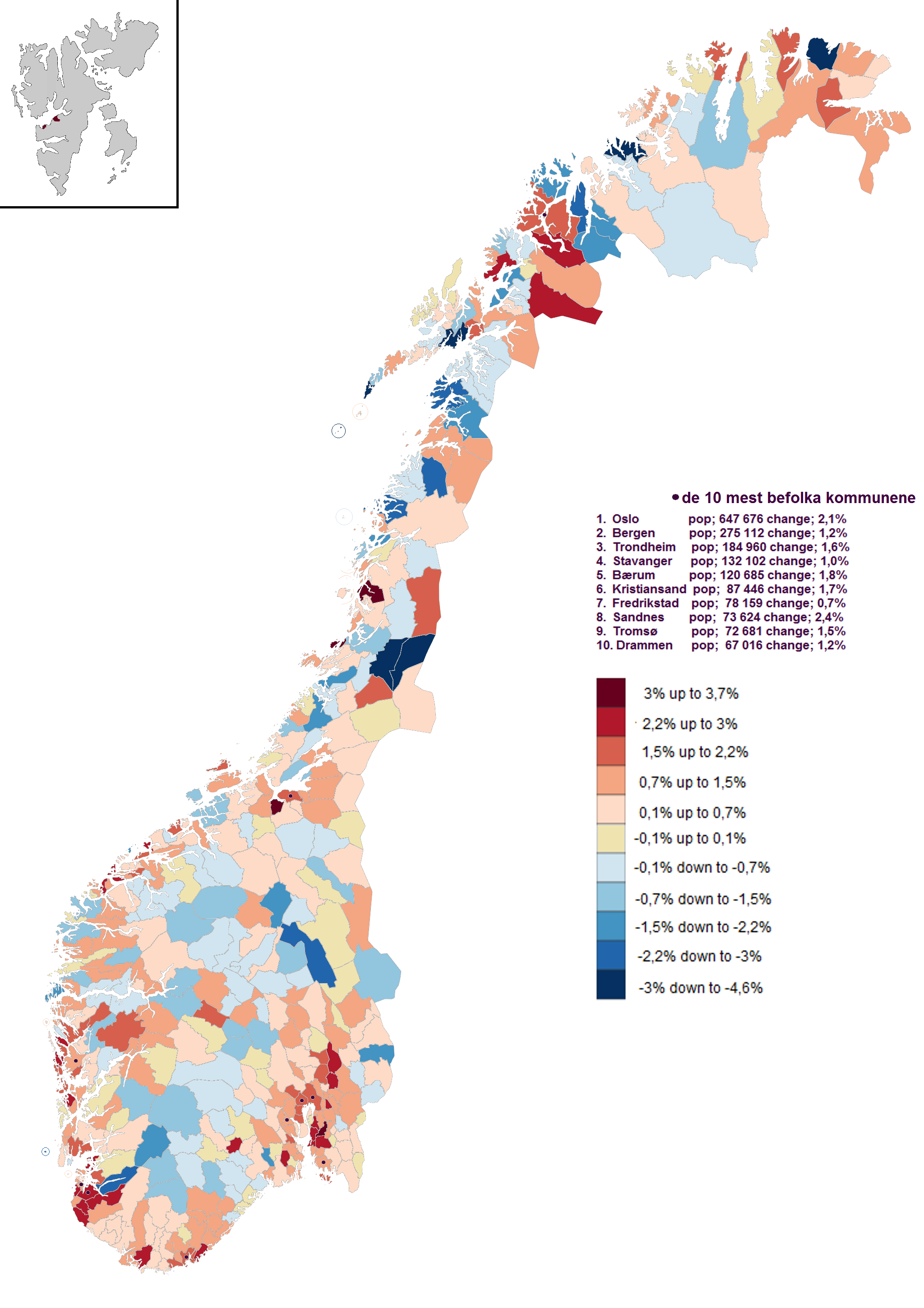 kart kommuner norge Befolkningsendring i Norske kommuner mellom 2014 2015 : norge