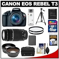 Canon EOS Rebel T3 Digital SLR Camera Body & EF-S 18-55mm IS II Lens with 75-300mm III Lens + 16GB Card + .45x Wide Angle & 2x Telephoto Lenses + Battery + Filters + Tripod + Accessory Kit