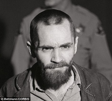 Convicted murderer Charles Manson shows up to his penalty trial with his long hair cut off in 1971 (left) 