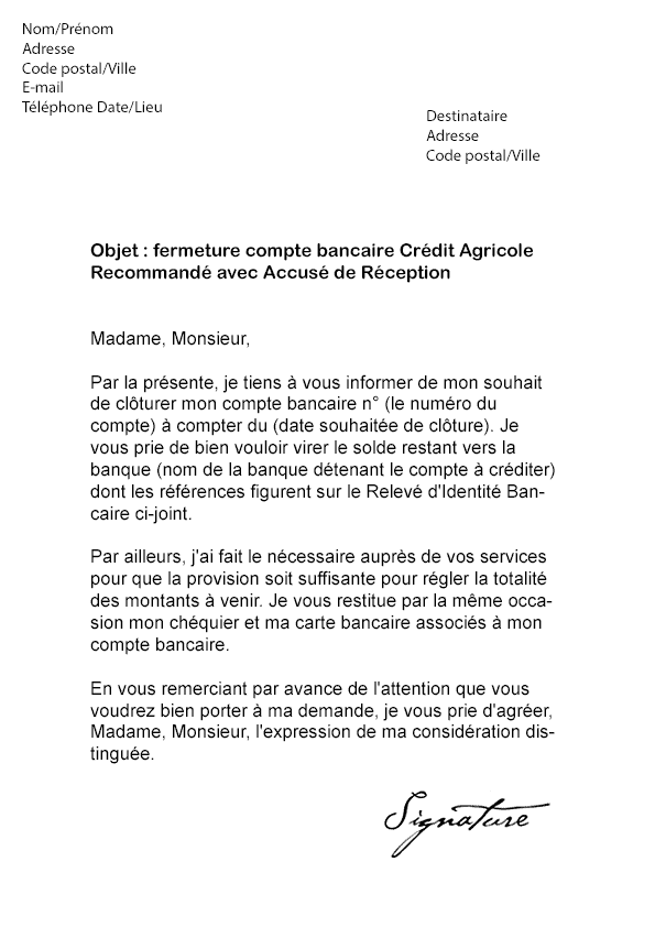Lettre de résiliation Crédit Agricole - Modèle de Lettre