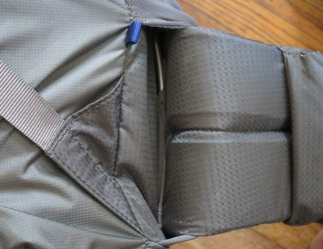 2016 Mariposa Hip Belt showing how frame slots into hip belt and adjacent plastic stiffeners (hidden by hip belt fabric)