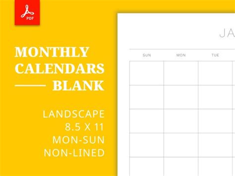  blank monthly calendar printable horizontal etsy