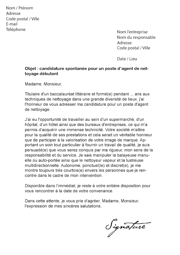 Lettre de motivation Agent de Nettoyage (Débutant 