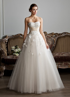 Ball-Gown Sweetheart Floor-Length Tulle Charmeuse Wedding Dress With Ruffle Sashes Beadwork Appliques Flower(s) 