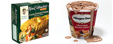 Photos (L-R): Marie Callender's Creamy Parmesan Chicken Pot Pie; Haagen-Daz Chocolate Peanut Butter Ice Cream