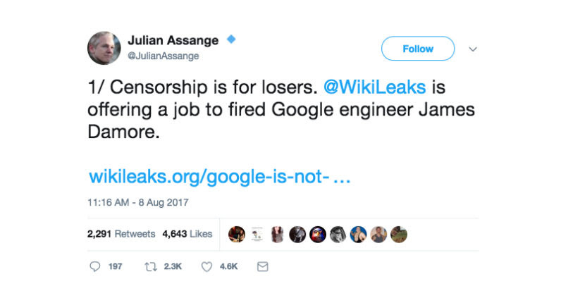 Assange offers fired Google engineer a job at Wikileaks 