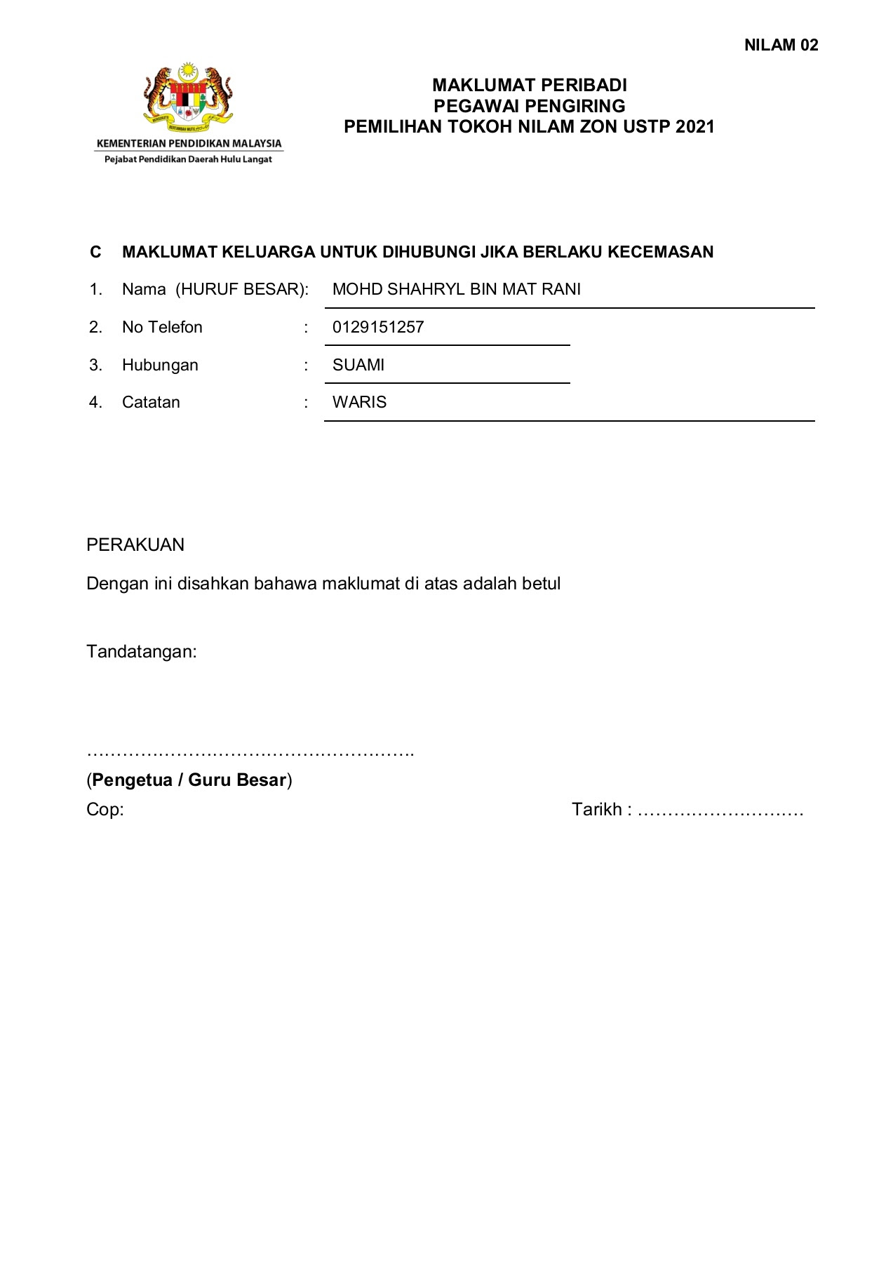BORANG MAKLUMAT GURU PENGIRING NILAM