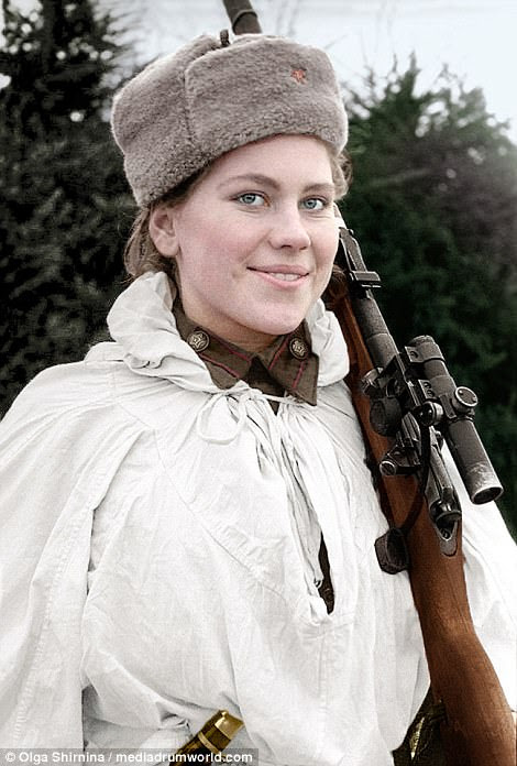 Pictures of the fighters were brought to life by translator Olga Shirnina, from Moscow, Russia, and show women posing with their sniper rifles. Sniper Roza Shanina (pictured) is featured in the collection