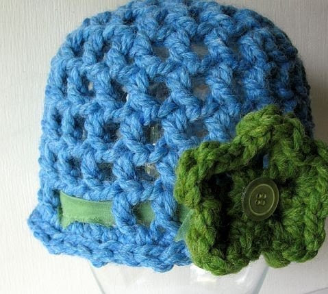 Hat - Sky Blue Beanie Cloche Cap with Green Flower Brooch Pin - Free Shipping