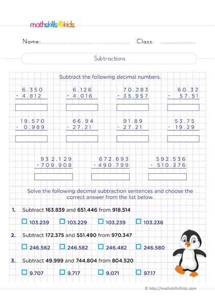 Adding and Subtracting Decimals Worksheets PDF for 6th Grade - Math ...
