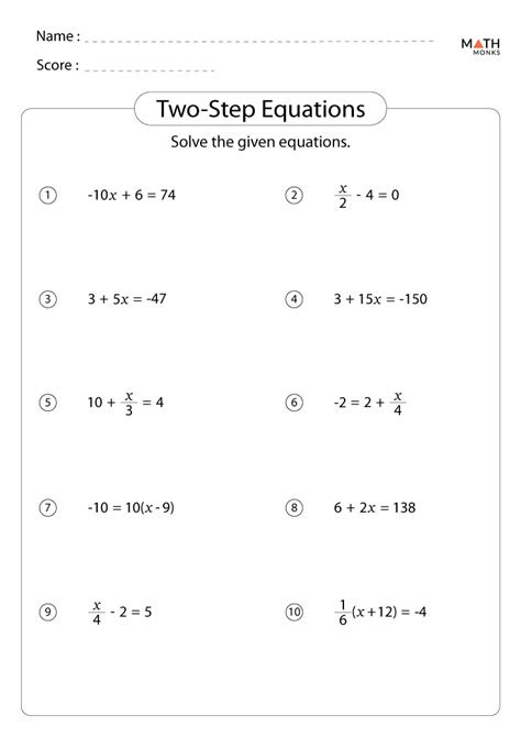  math worksheets one step equations