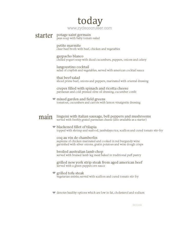 Carnival Magic Transatlantic MDR Menus, Day 2