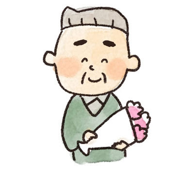 フリー素材 花束を持って笑顔のおじいちゃんを描いたイラスト やさしい雰囲気が敬老の日のデザインにぴったり