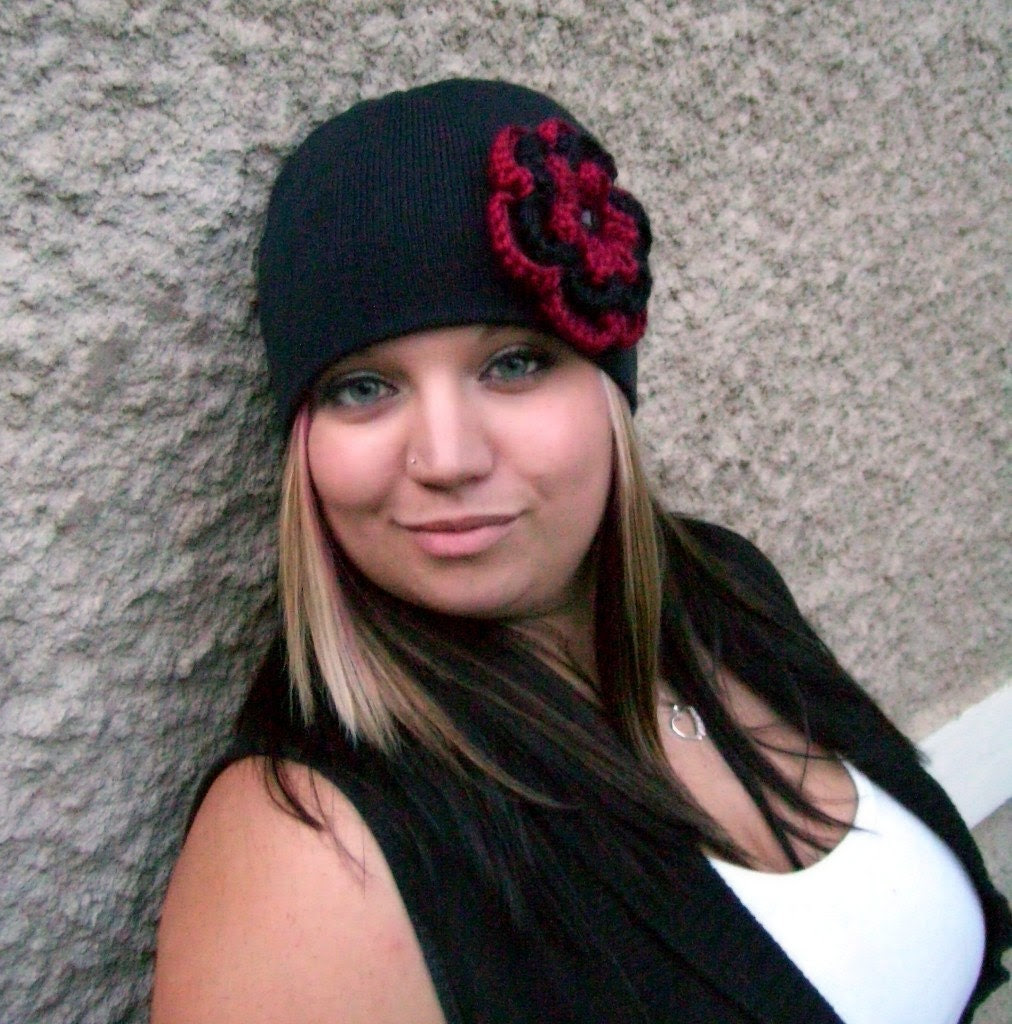 Beanie Black with Detachable Flowers