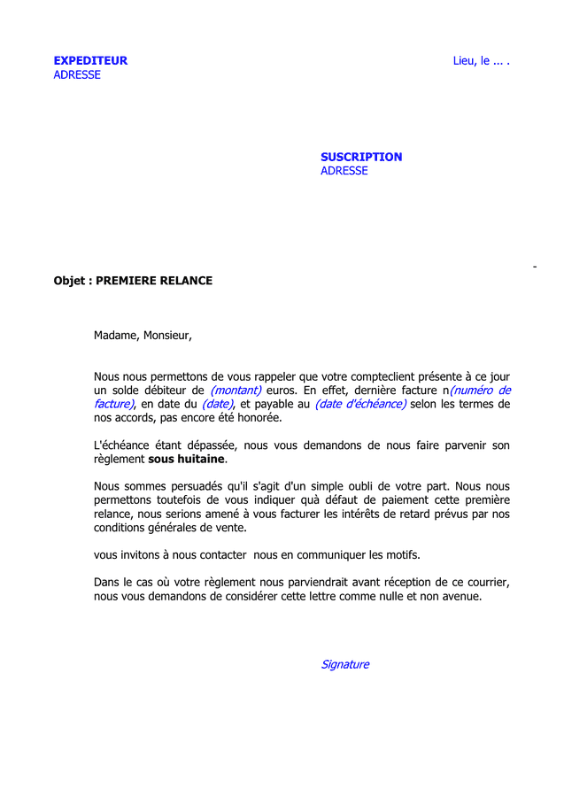 modèle lettre relance facture impayée
