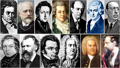 Who are the greatest composers? Some candidates: above, from left, Beethoven, Tchaikovsky, Chopin, Mozart, Schoenberg, Haydn, and Stravinsky; below, from left, Schumann, Brahms, Schubert, Handel, Bach, and Debussy.