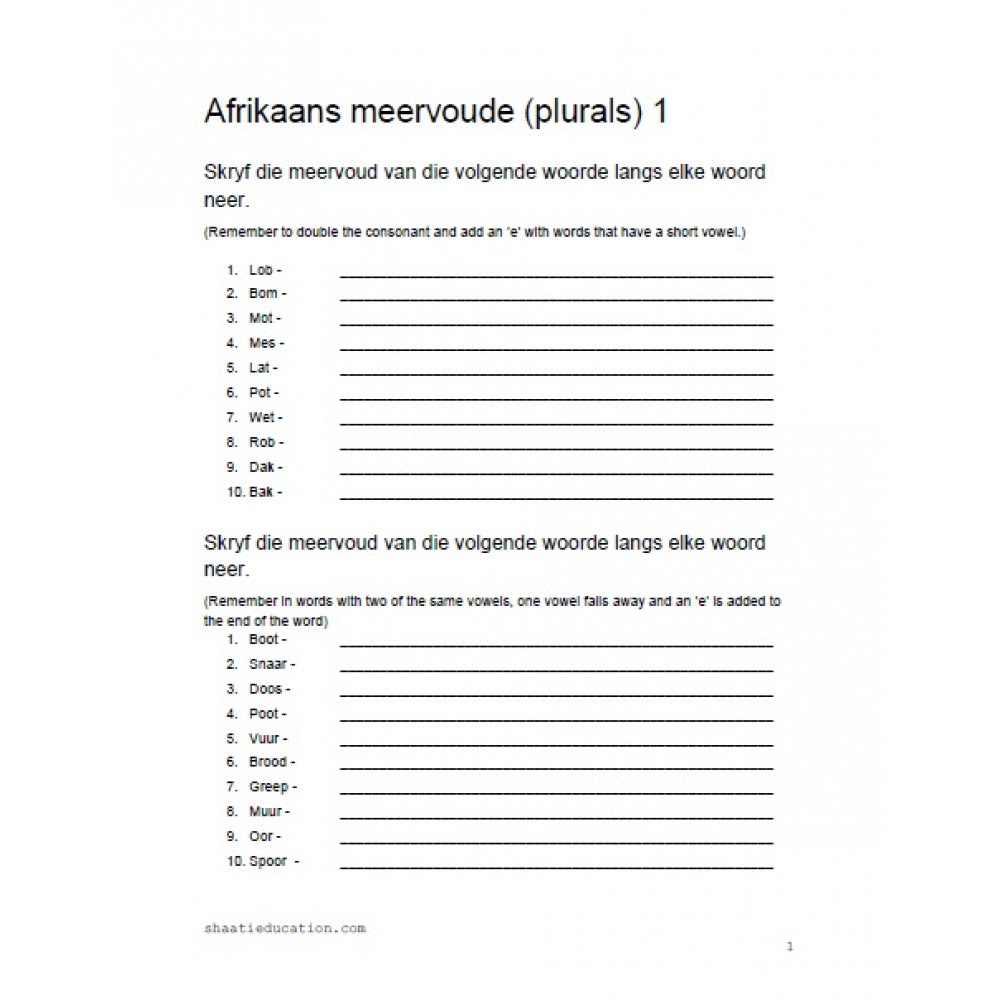 at afrikaans meervoude plurals 101