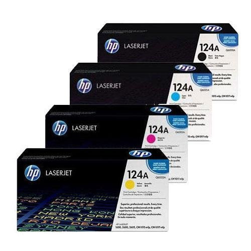Original HP 124A Q6000A, Q6001A, Q6002A, Q6003A (HP Color Series) 2000~2500 Yield Black, Cyan, Yellow, Magenta Toner Cartridge 4 Pack Set - Retail On Sale