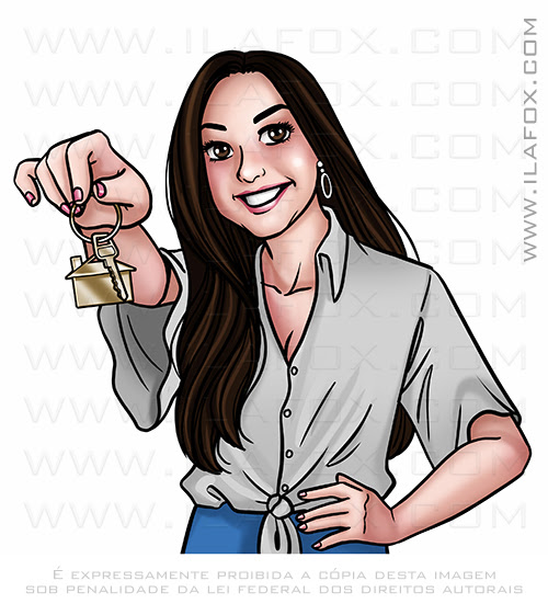 Caricatura personalizada, retrato desenho, caricatura corretora de imóveis, retrato personalizado, corretora, ila fox