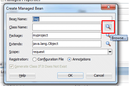 Create Managed bean dialog with Dog as the Bean Name and cursor on the Browse button beside the Class Name field.